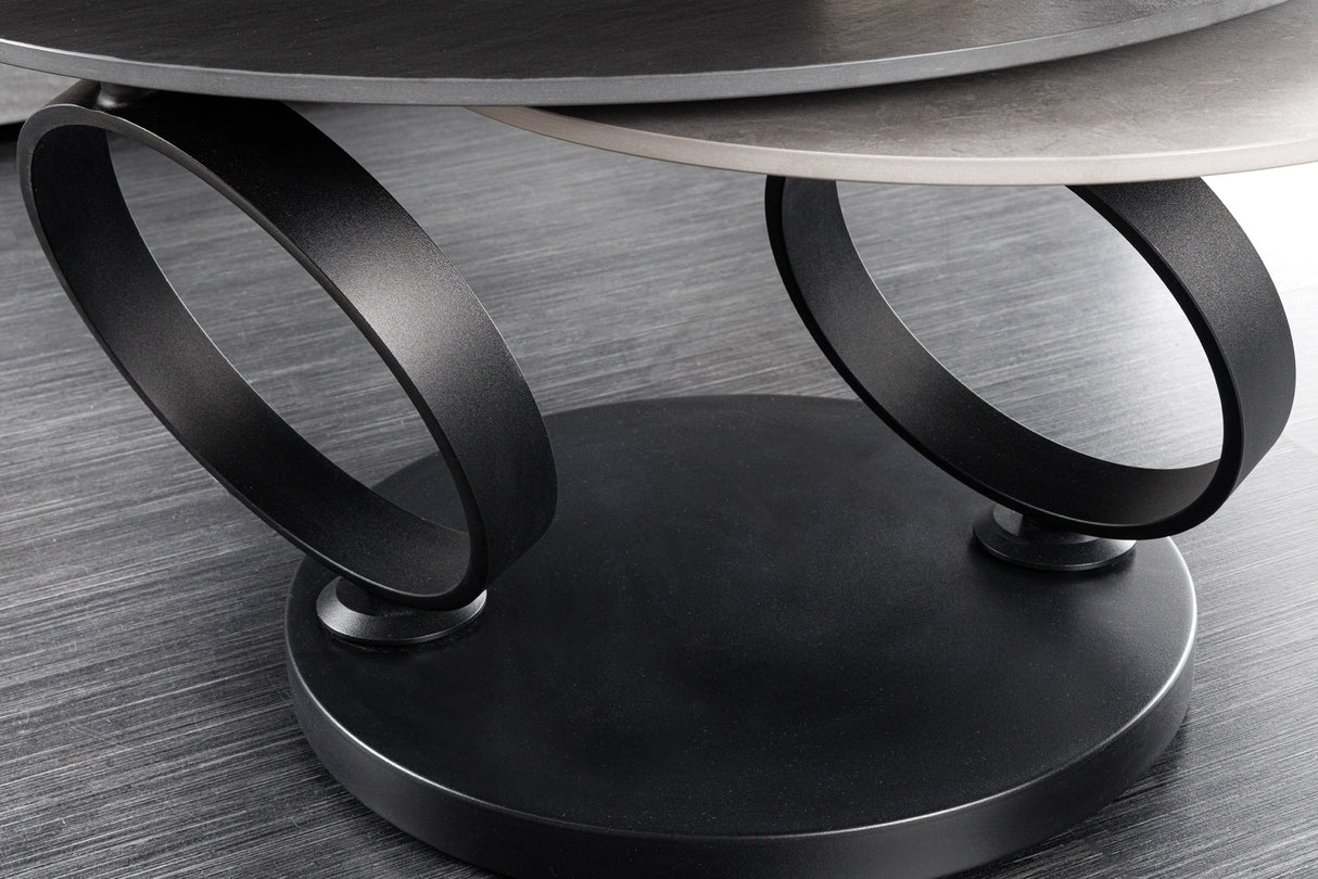 Couchtisch DANCING RINGS 80-135cm drehbar Keramik schwarz und grau