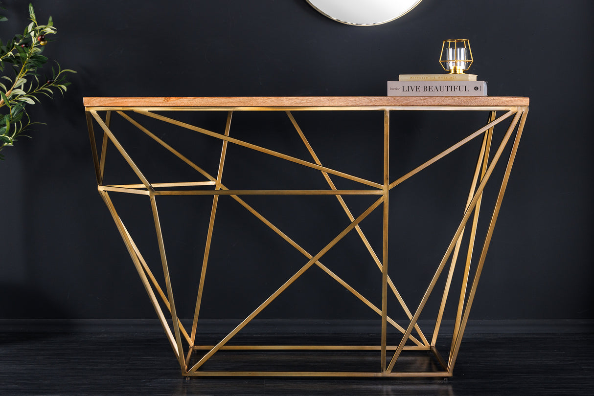 Konsole DIAMOND 120cm Eisen in Messingoptik Platte Mangoholz