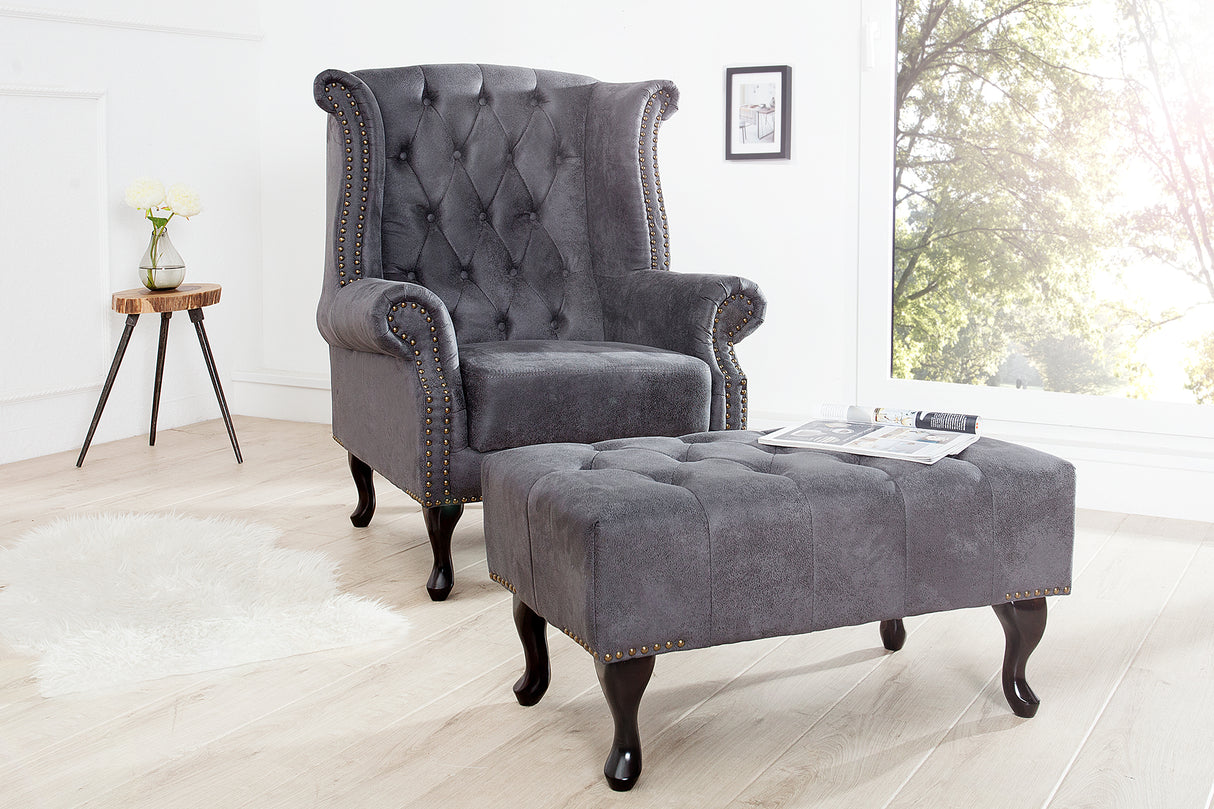 Wing chair CHESTERFIELD antique look microfibre grey