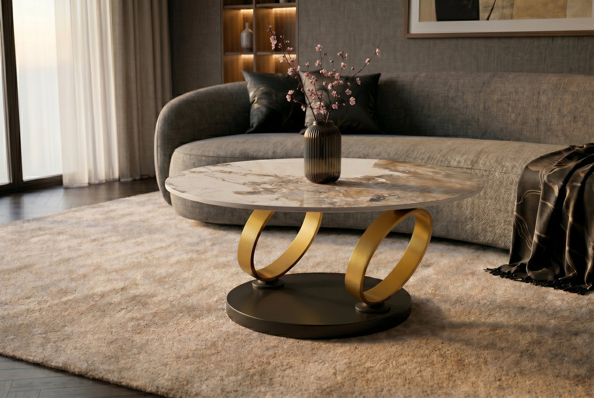 Coffee table DANCING RINGS round rotatable pandora ceramic matte gold rings