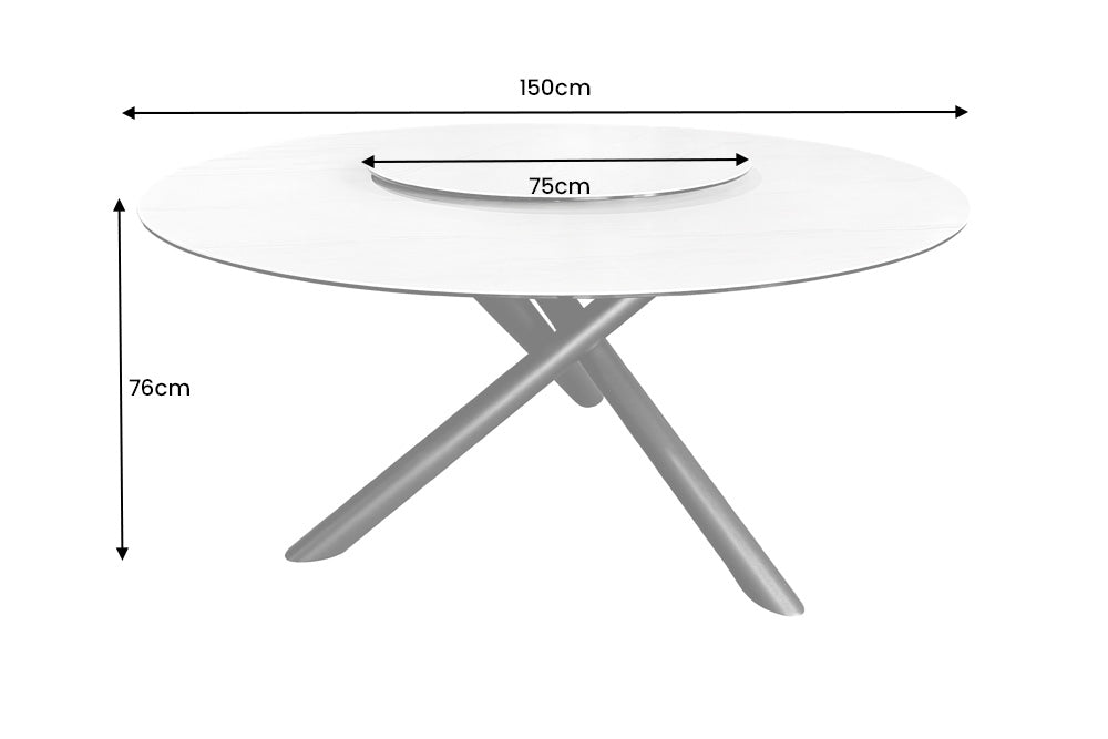 Esstisch SPIN Ø 150cm mit abnehmbarer Platte Keramik Marmoroptik weiß
