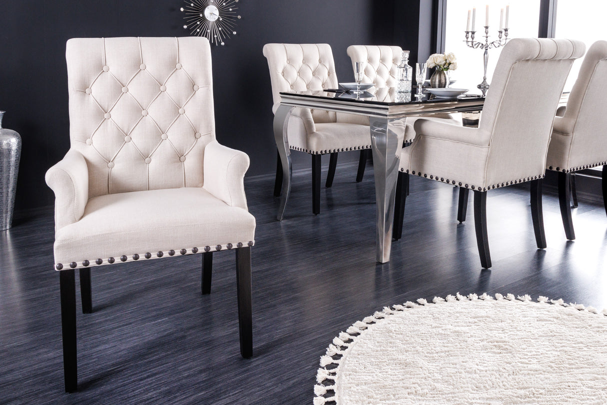 Chair CASTLE w/ armrests black legs textured fabric beige in chesterfield style