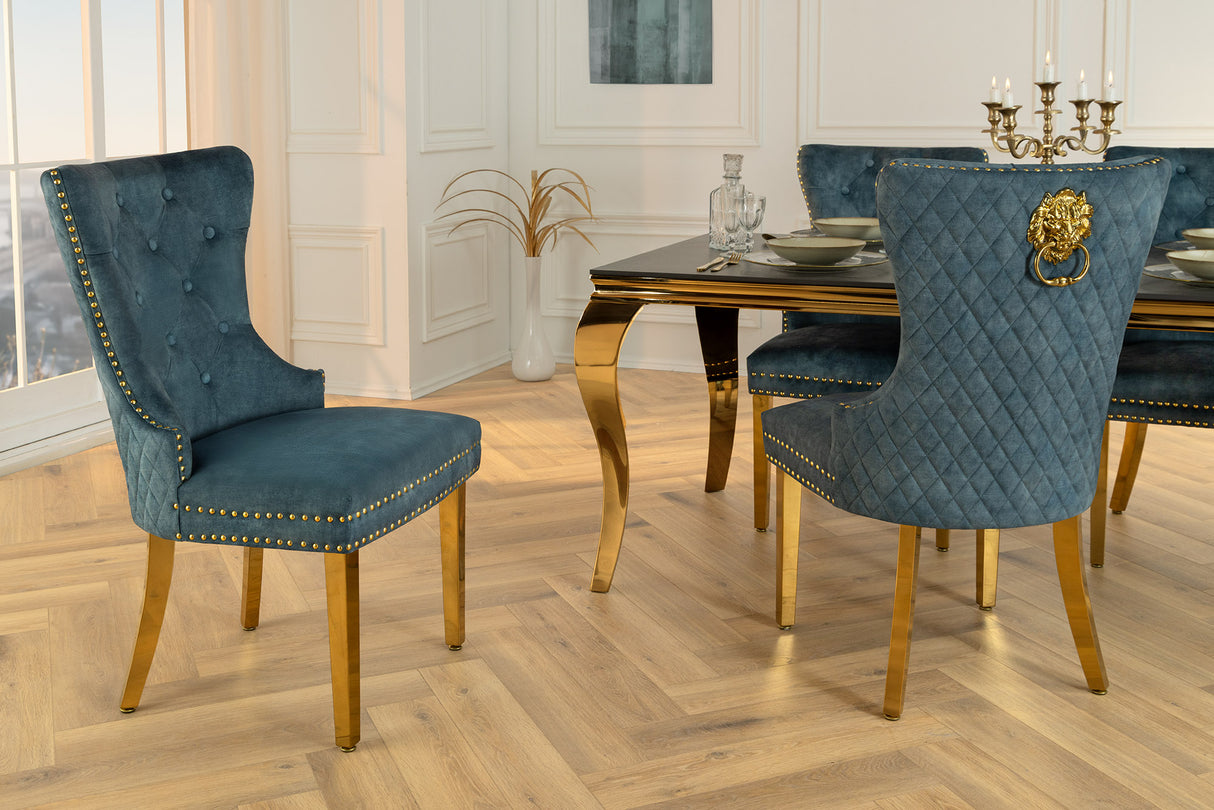 Chair CASTLE w/ lion´s head handle velvet petrol golden legs in baroque style