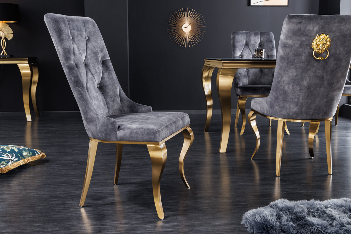 Stuhl MODERN BAROCK mit goldenen Beinen und Löwenkopf Samt Grau