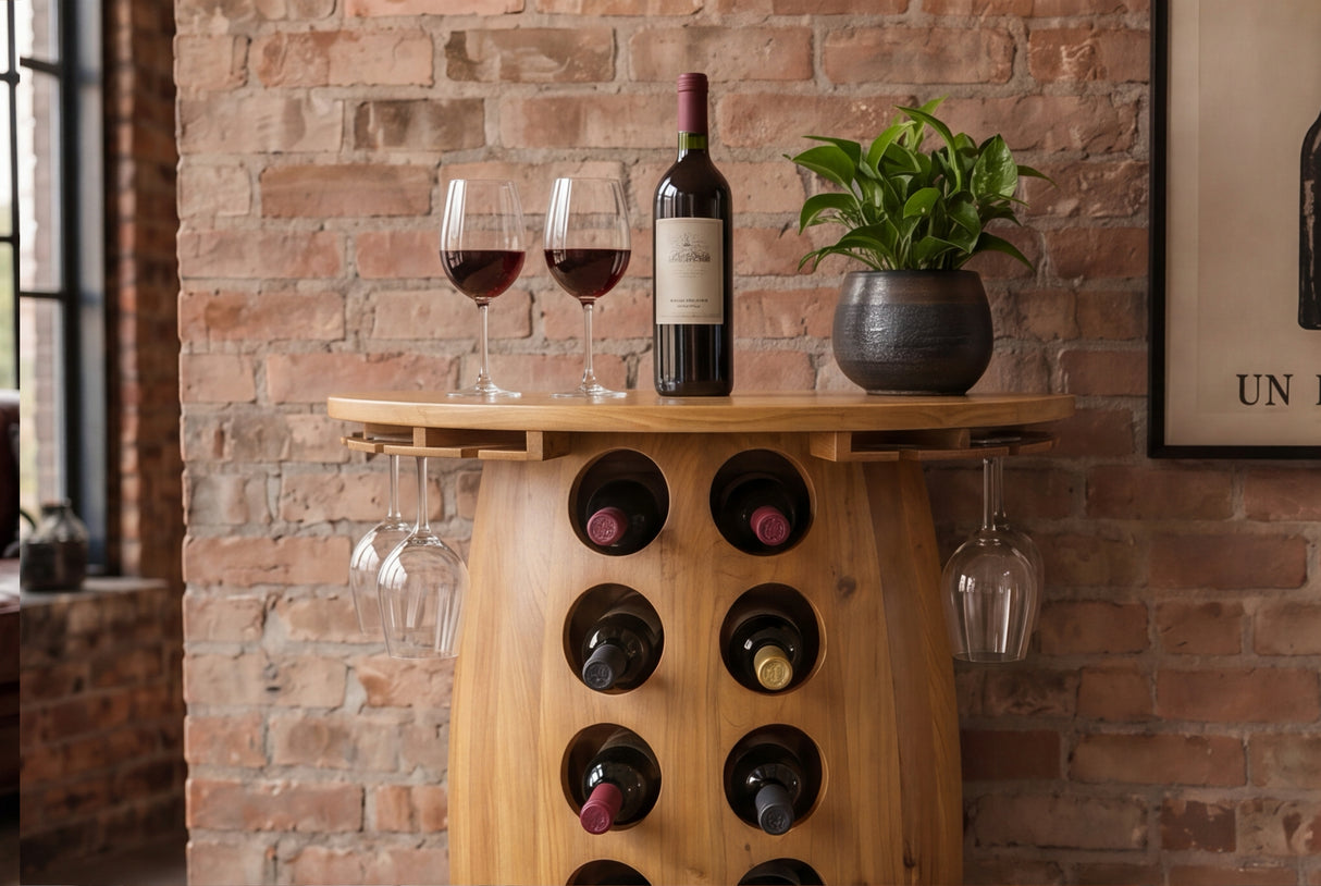 Wine shelf half BODEGA 85cm for 14 bottles and 6 glasses pine wood