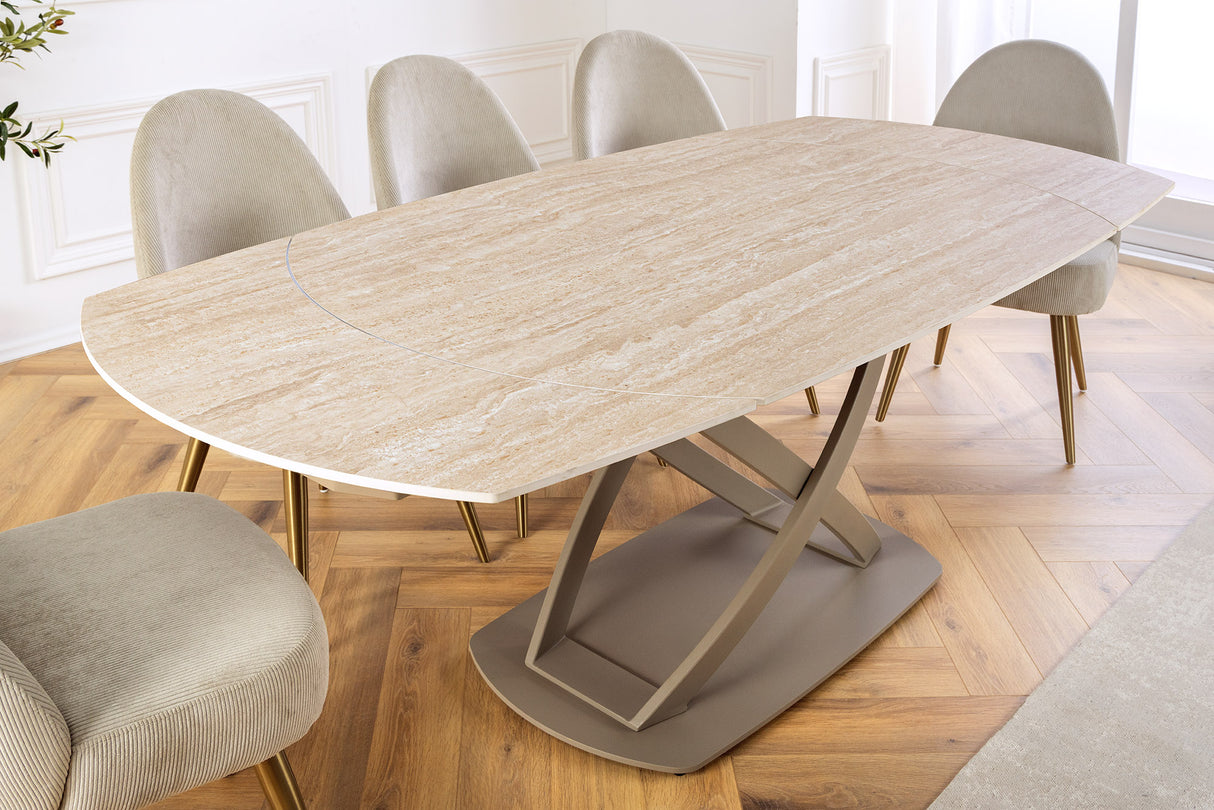 Dining table INCEPTION 130-190cm extendable w/ champagne greige rack ceramic top travertine