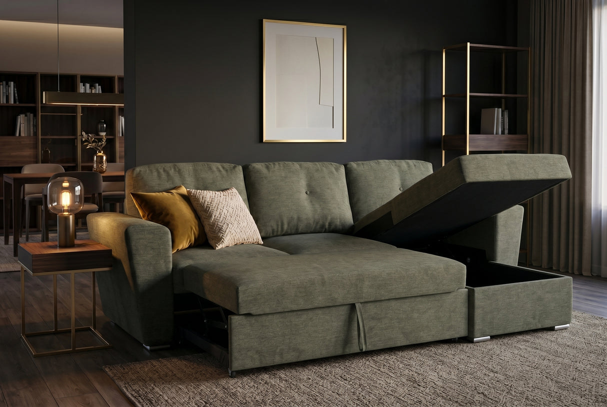 Sofa bed APARTMENT 245cm 3-seater w/ ottoman and storage space textured fabric green