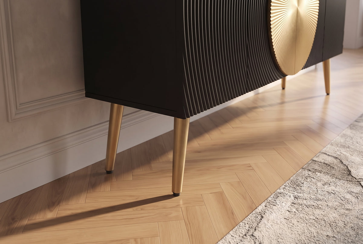 Sideboard AURUM 180cm textured front gold circle accent mango wood black gold metal feet