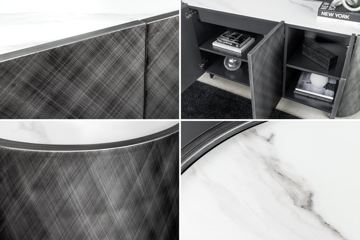 Sideboard REFLECTION 150cm 3D Effekt anthrazit mit Keramik Marmorplatte weiß