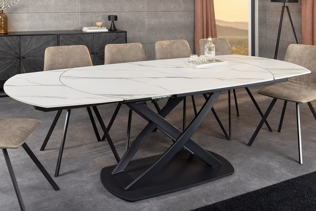 Dining table INCEPTION 130-190cm extendable oval ceramic top white marble look