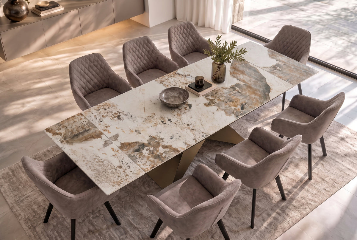Dining table DIAMOND 180-260cm extendable pandora ceramic white brown w/ geometric bronze iron base