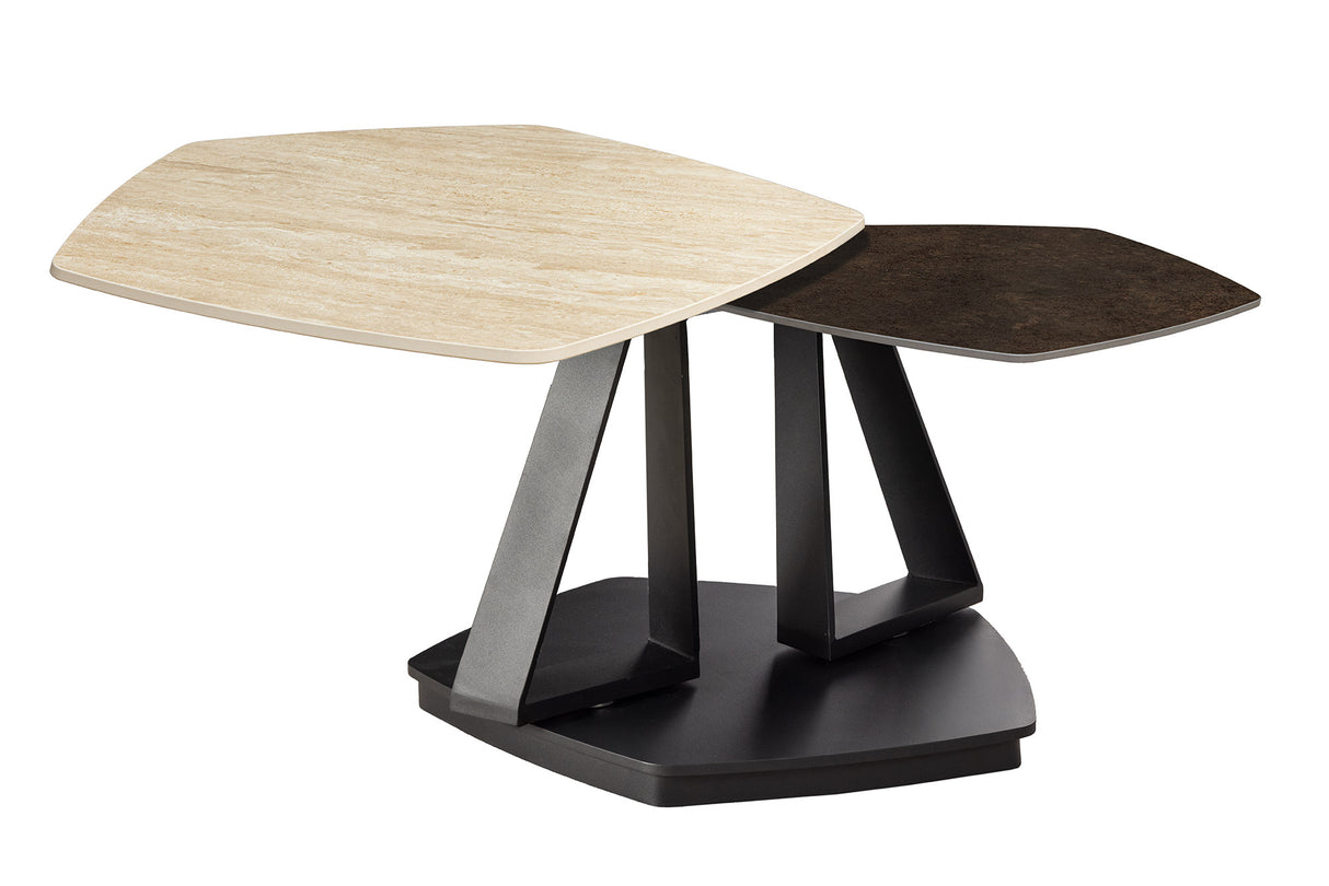 Coffee table MOVEMENT 80-130cm rotatable ceramic top natural travertine and rust look