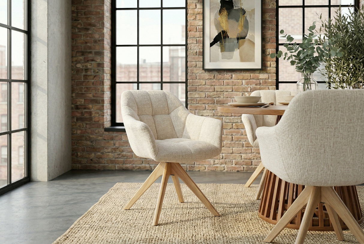 Swivel chair PAPILLON rotatable 180° w/ armrests chenille champagne beige oak