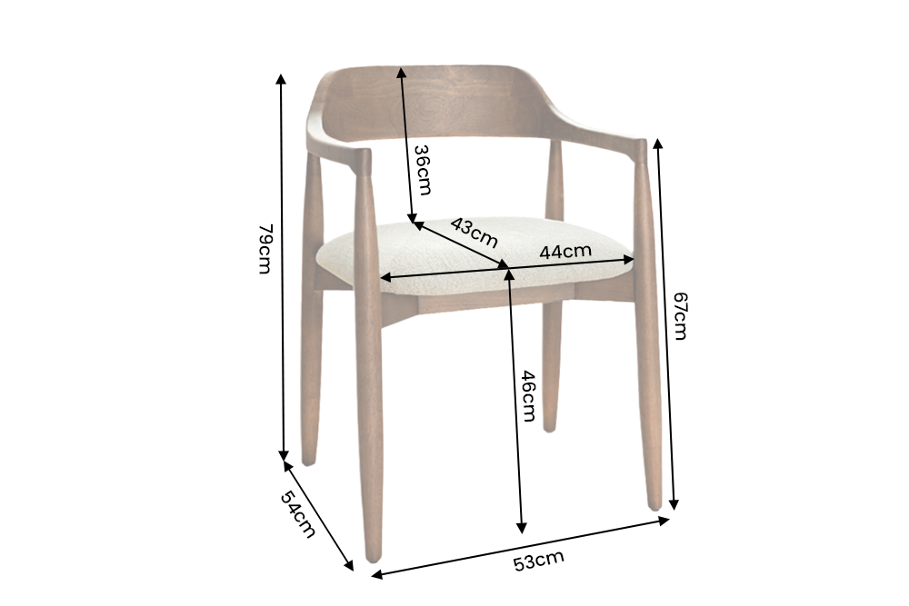 Chair KENNEDY upholstered seat w/ armrests recyled pine wood brown smoke and textured fabric creamy