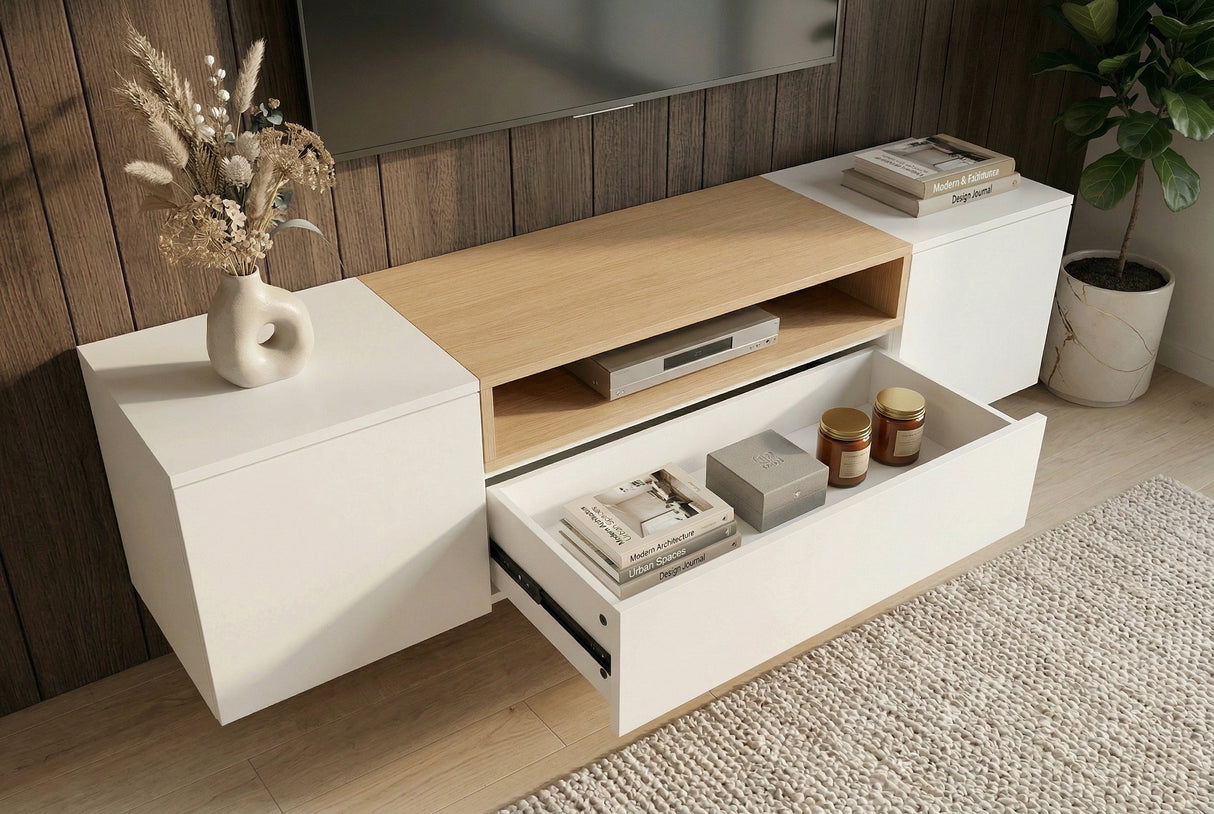 TV-Wand LOFT 160 cm hängend weiß natur