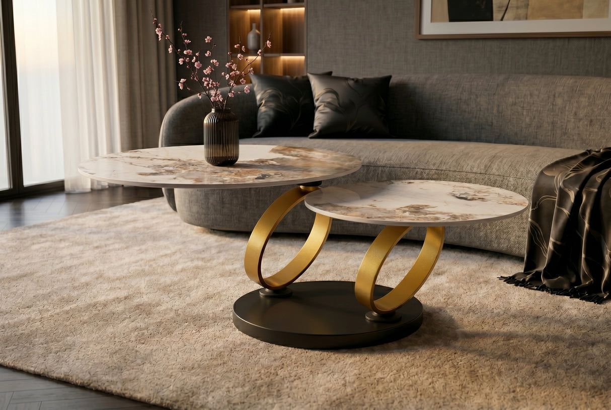 Coffee table DANCING RINGS round rotatable pandora ceramic matte gold rings