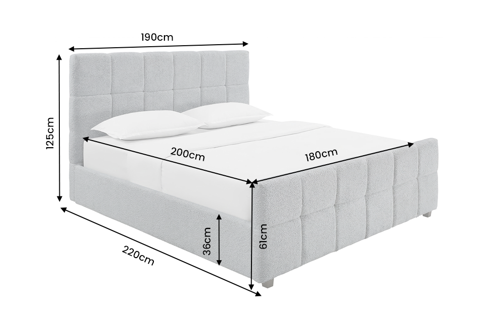 Bed PRESTIGE 180x200cm w/ storage space bouclé grey