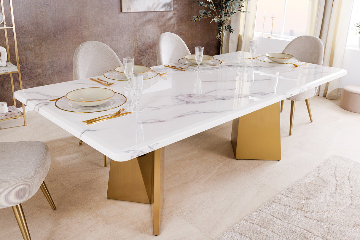 Dining table EXTRAVAGANCIA 200cm w/ champagne golden legs white marble top