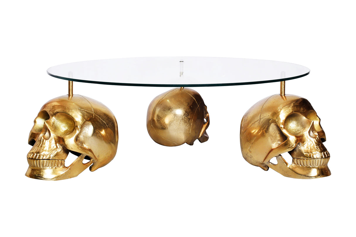 Coffee table SKULL 90cm movable skulls gold 8mm tempered glass