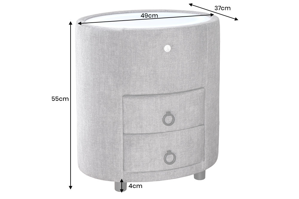 Bedside table SIGNUM oval w/ LED light 55cm velvet grey