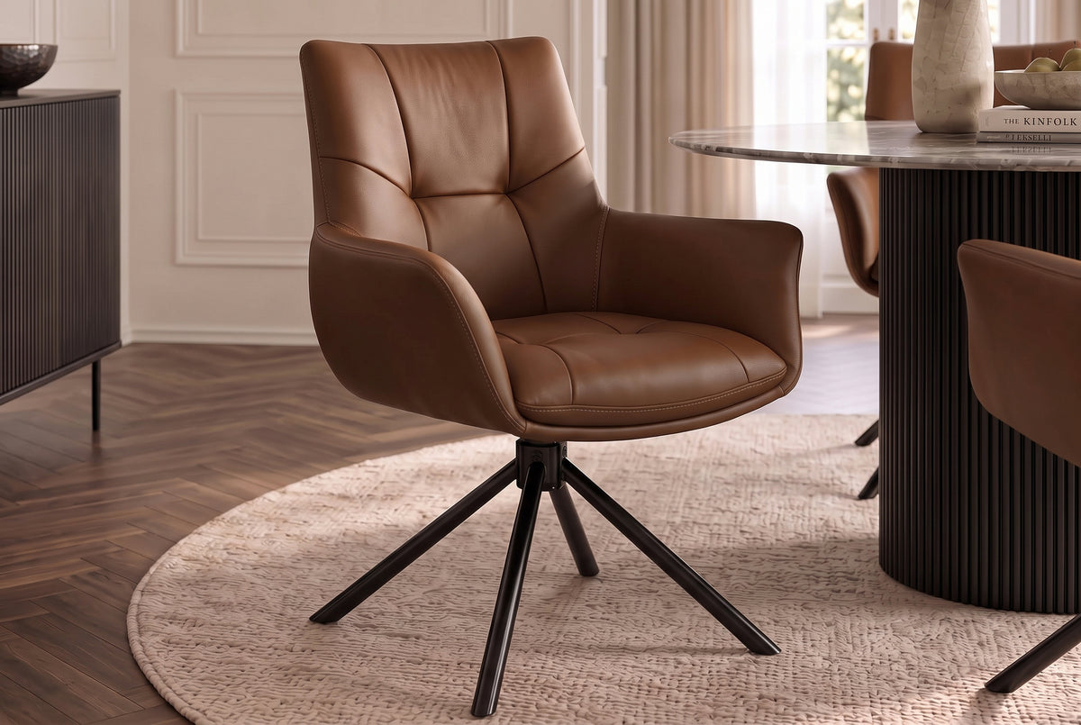 Swivel chair SIGNATURE 360° rotatable w/ armrests spring core leather cognac brown