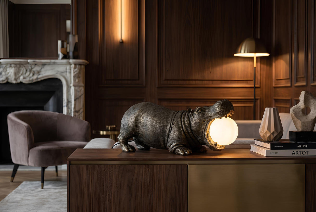 Table lamp HIPPO 45cm hippopotamus sculpture w/ lamp globe black