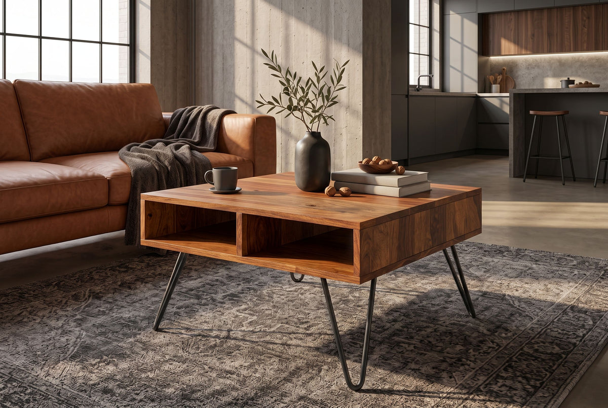 Coffee table SCORPION 60cm w/ open storage space sheesham wood brown stone finish hairpin legs