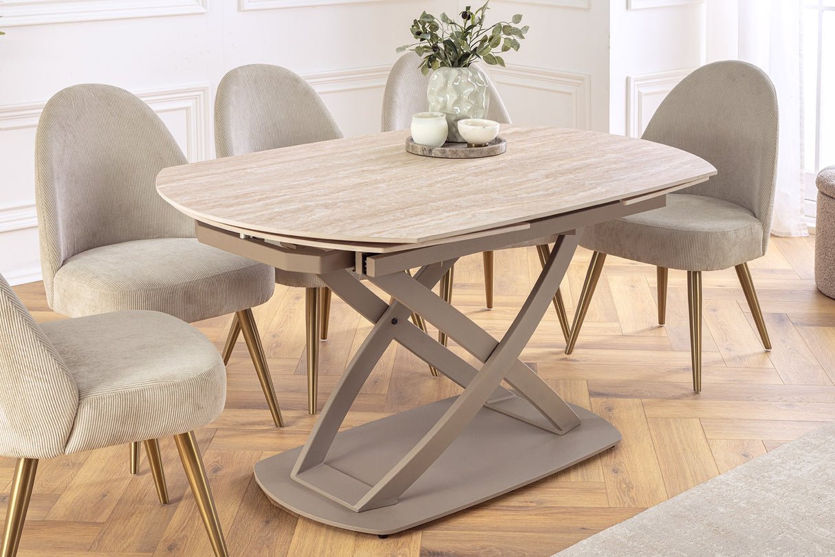 Dining table INCEPTION 130-190cm extendable w/ champagne greige rack ceramic top travertine