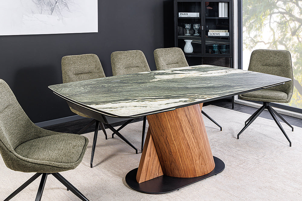 Dining table ELEMENTS 180-260cm extendable walnut frame w/ ceramic top taupe grey marble look