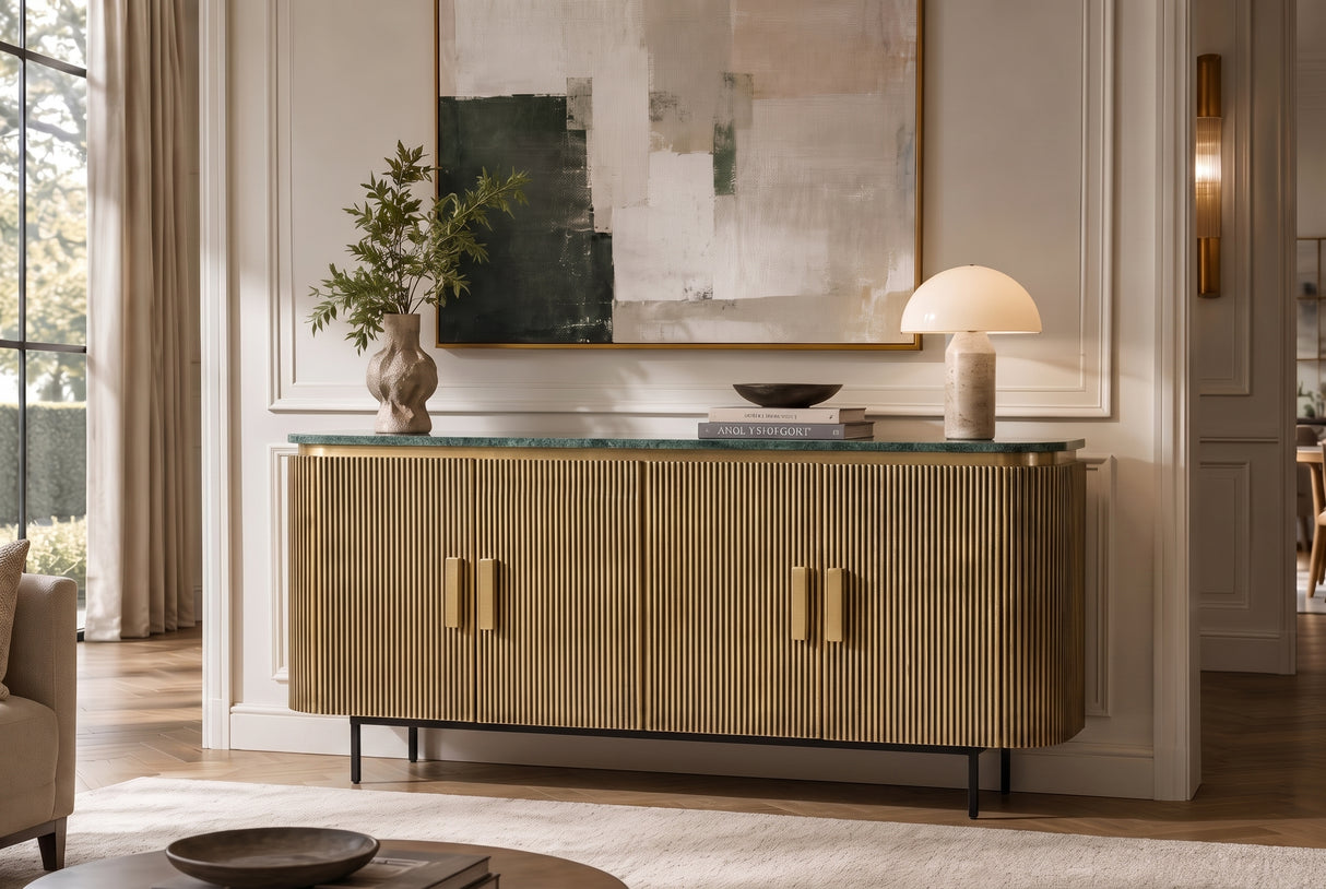 Sideboard VENEZIANO 160cm Mangoholz und Marmorplatte grün Messing