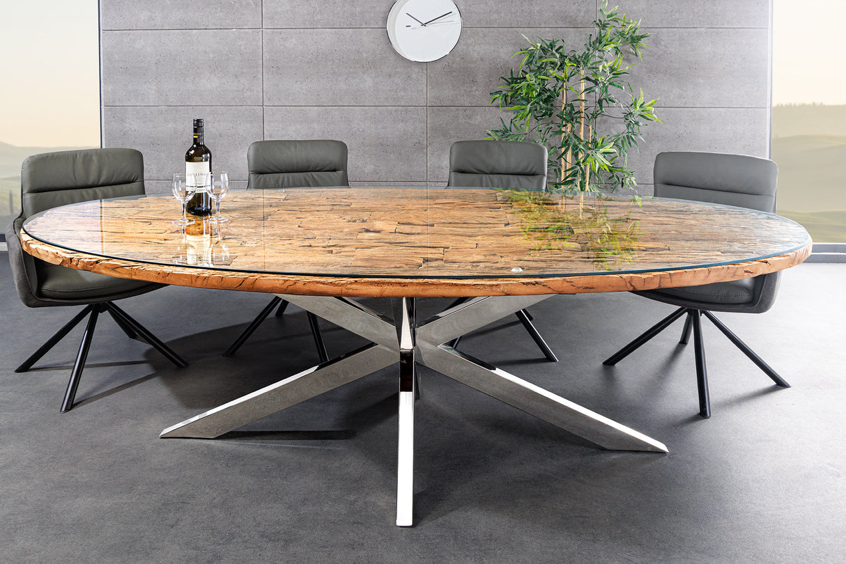Esstisch BARRACUDA 220cm oval Teakholz Glasplatte oval