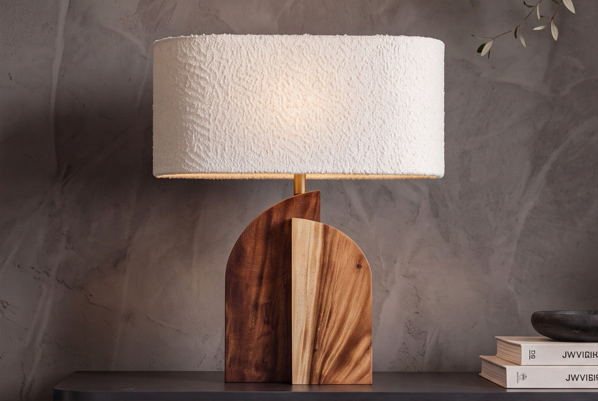 Tischleuchte LOVERS 60cm Natur Regenbaumholz Lampenschirm Bouclé weiß