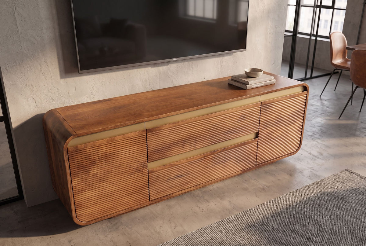 TV-Board MONZA 160cm w/ cable management fluted front rounded edges brown mango wood gold details