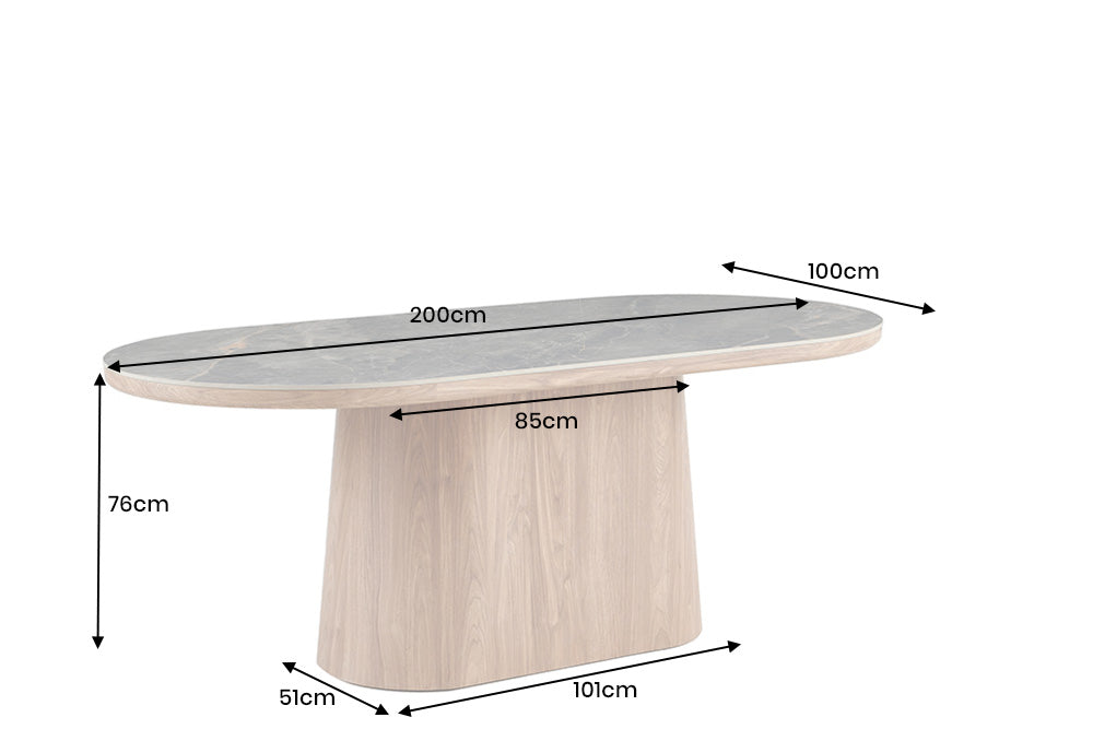 Esstisch UNIQUE 200cm ovales Gestell Eichenholz furniert Keramik weiße Marmorplatte