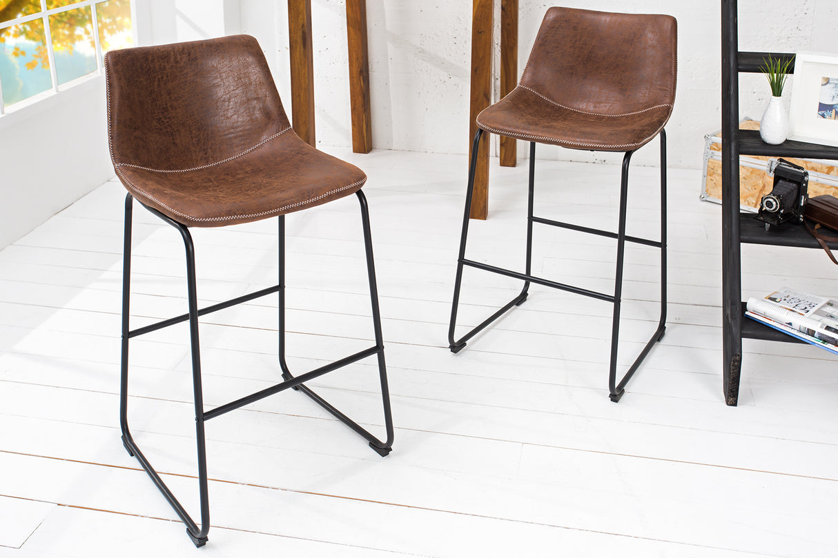 Barstuhl DJANGO Mikrofaser Vintage braun mit schwarzen Eisenbeinen