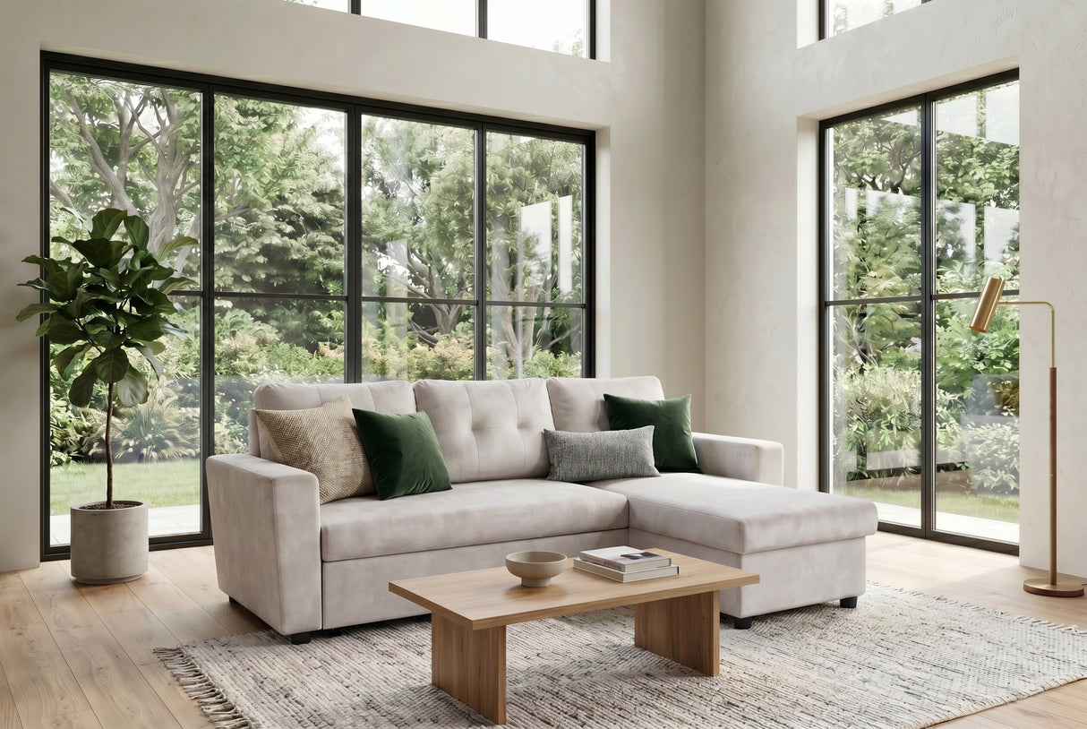 Corner sofa bed APARTMENT 205cm 3-seater w/ ottoman and storage space velvet champagne beige