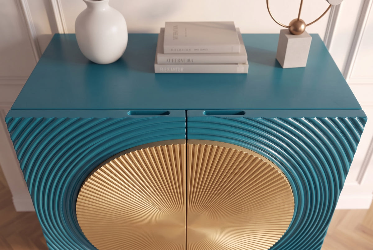 Highboard AURUM 120cm textured front gold circle accent mango wood turquoise gold metal feet