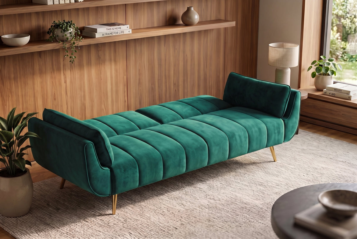 Sofa bed DIVANI 220cm 3-seater w/ armrest cushions velvet emerald green metal feet gold