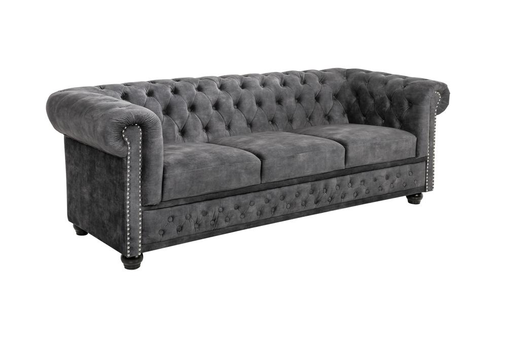 Sofa CHESTERFIELD 205cm 3-seater button tufted velvet grey w/ decorative stud trim