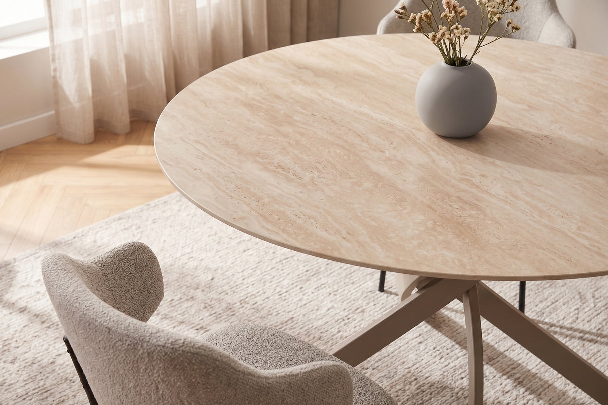 Dining table ALPINE Ø 120cm round travertine ceramic champagne greige