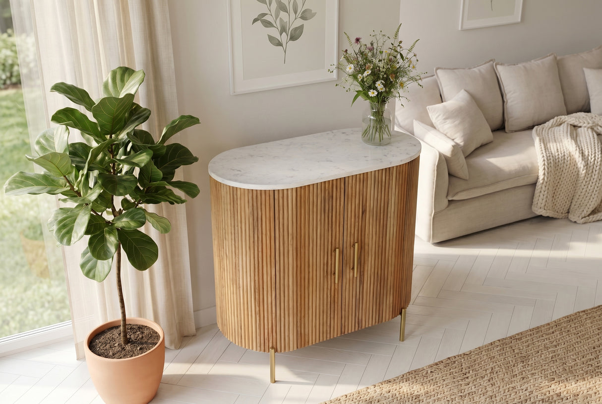Sideboard TRES CHIC 70cm mango wood natural w/ white marble top and golden handles