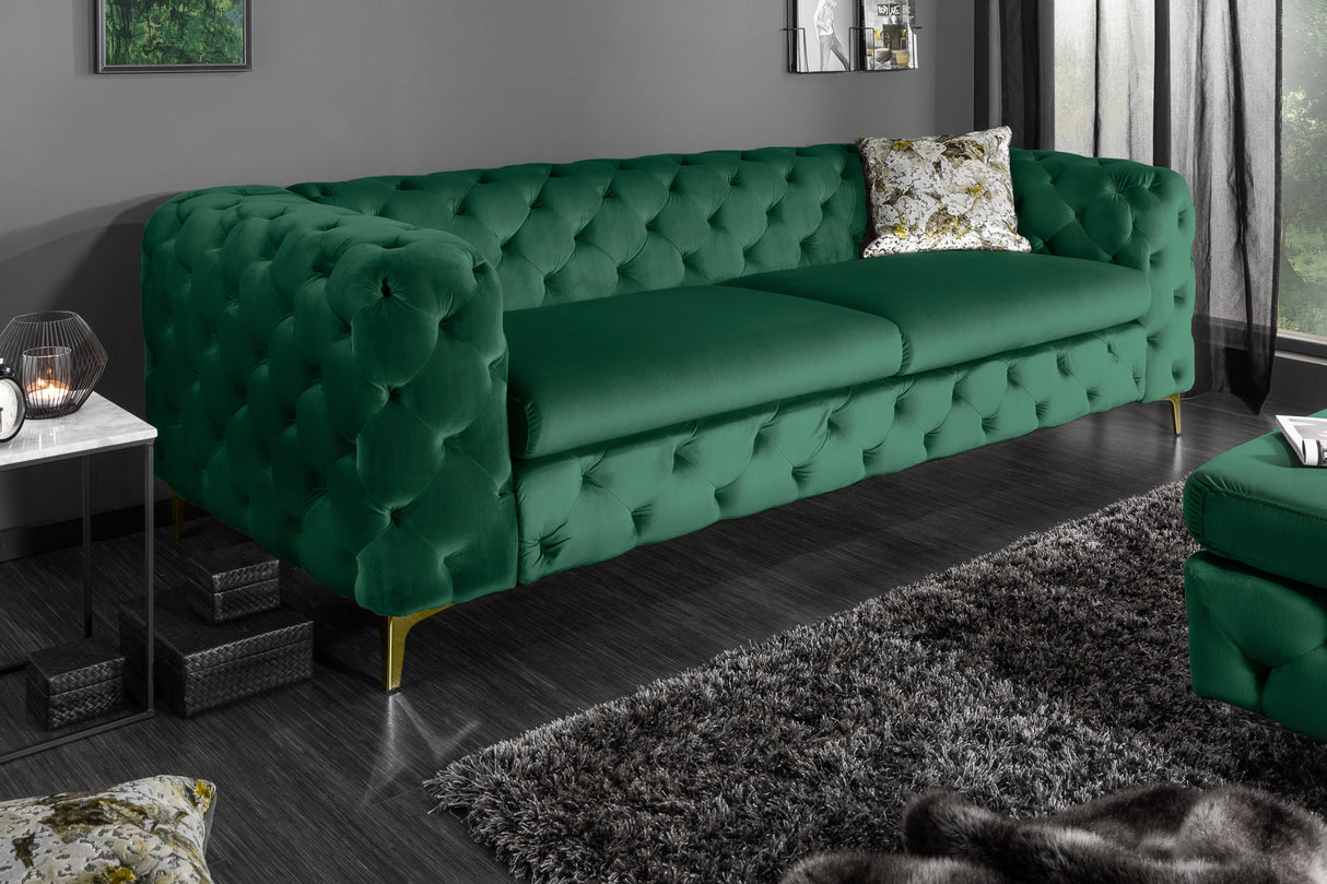 Sofa MODERN BAROCK 240 cm 3-Sitzer Samt Smaragd im Chesterfield-Stil