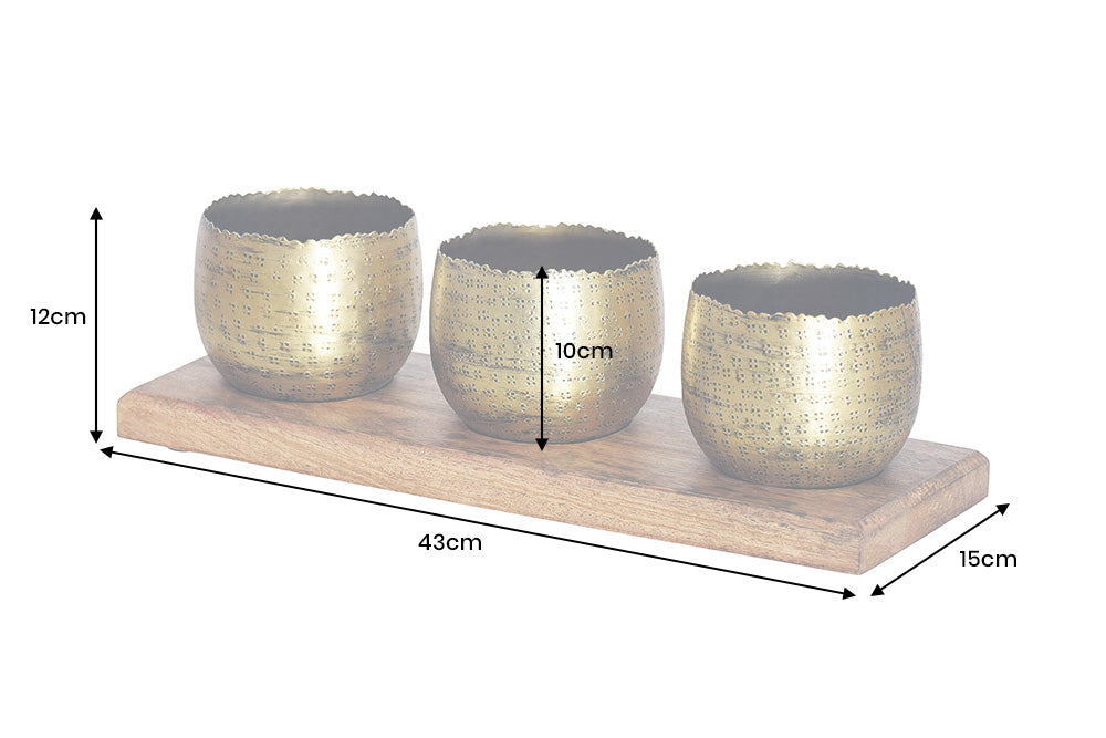 Schale ORIENT 3er Set Hammerschlag-Effekt gold natur Mangoholzsockel