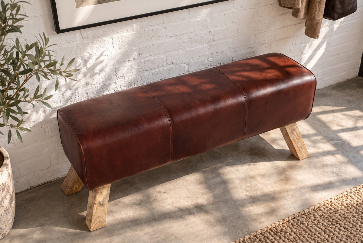 Bench TURNBOCK 120cm upholstered seat mango wood natural genuine leather coffee brown