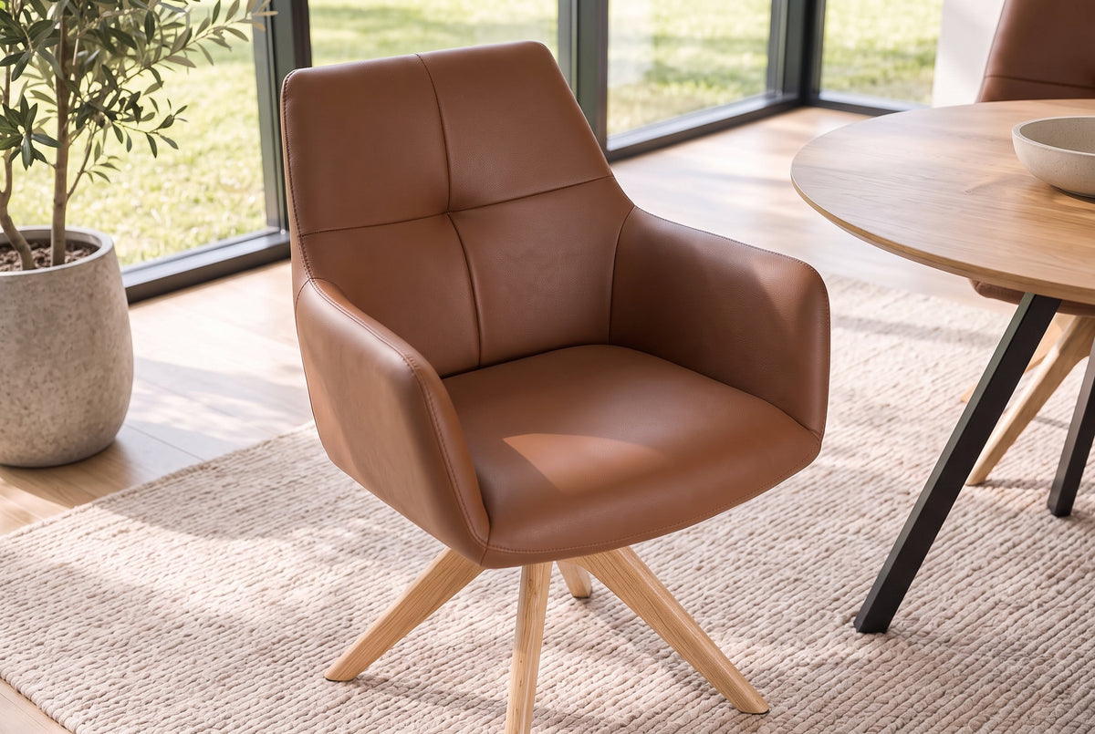Swivel chair ALMARA 360° auto-return w/ armrests pocket spring core leather cognac brown