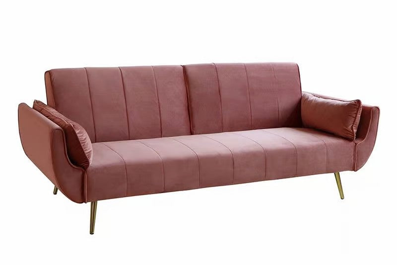 Schlafsofa DIVANI 220cm mit Armlehnenkissen Samt altrosa Metallfüße gold