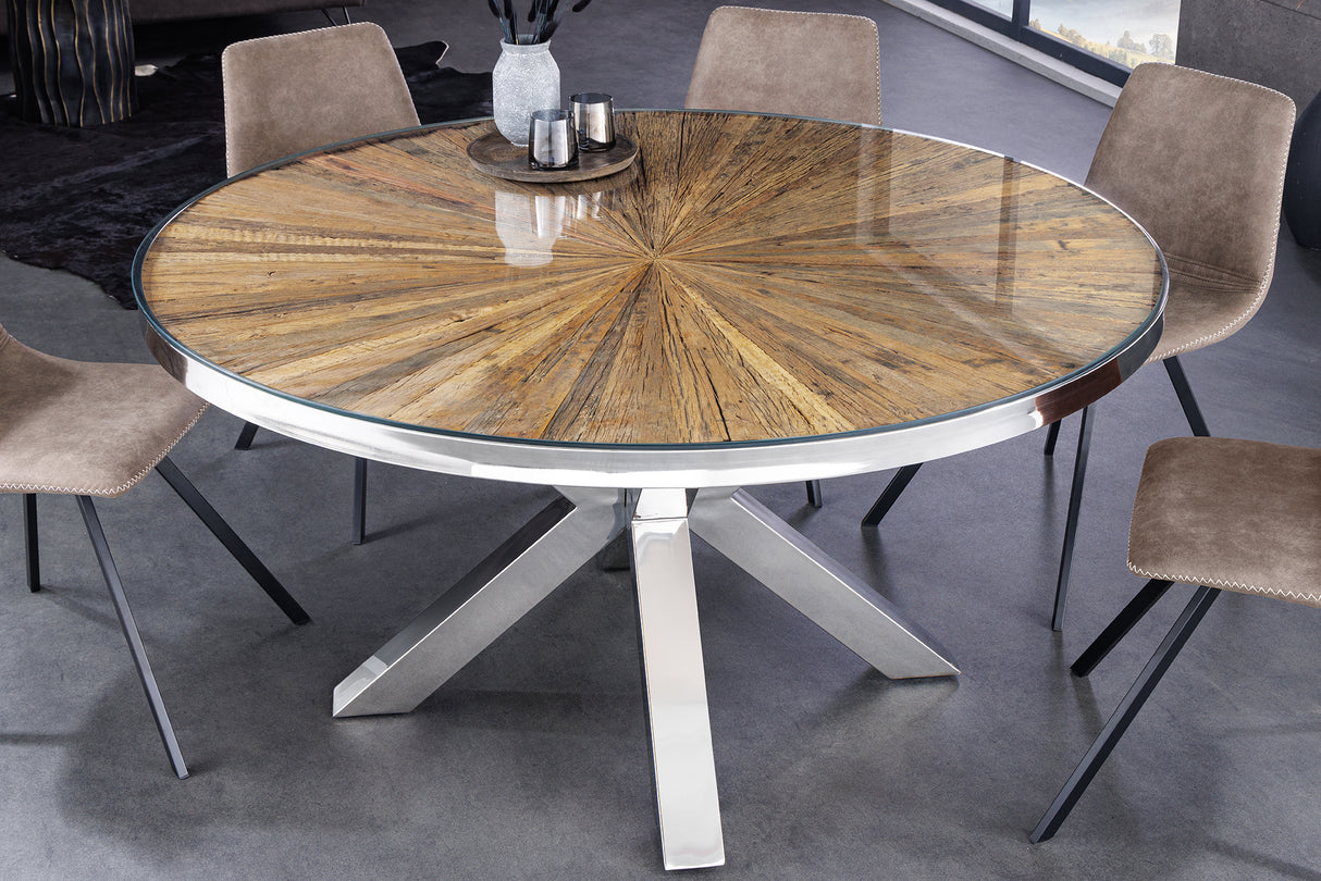 Esstisch BARRACUDA Ø 140cm rund Teakholz mit Glasplatte
