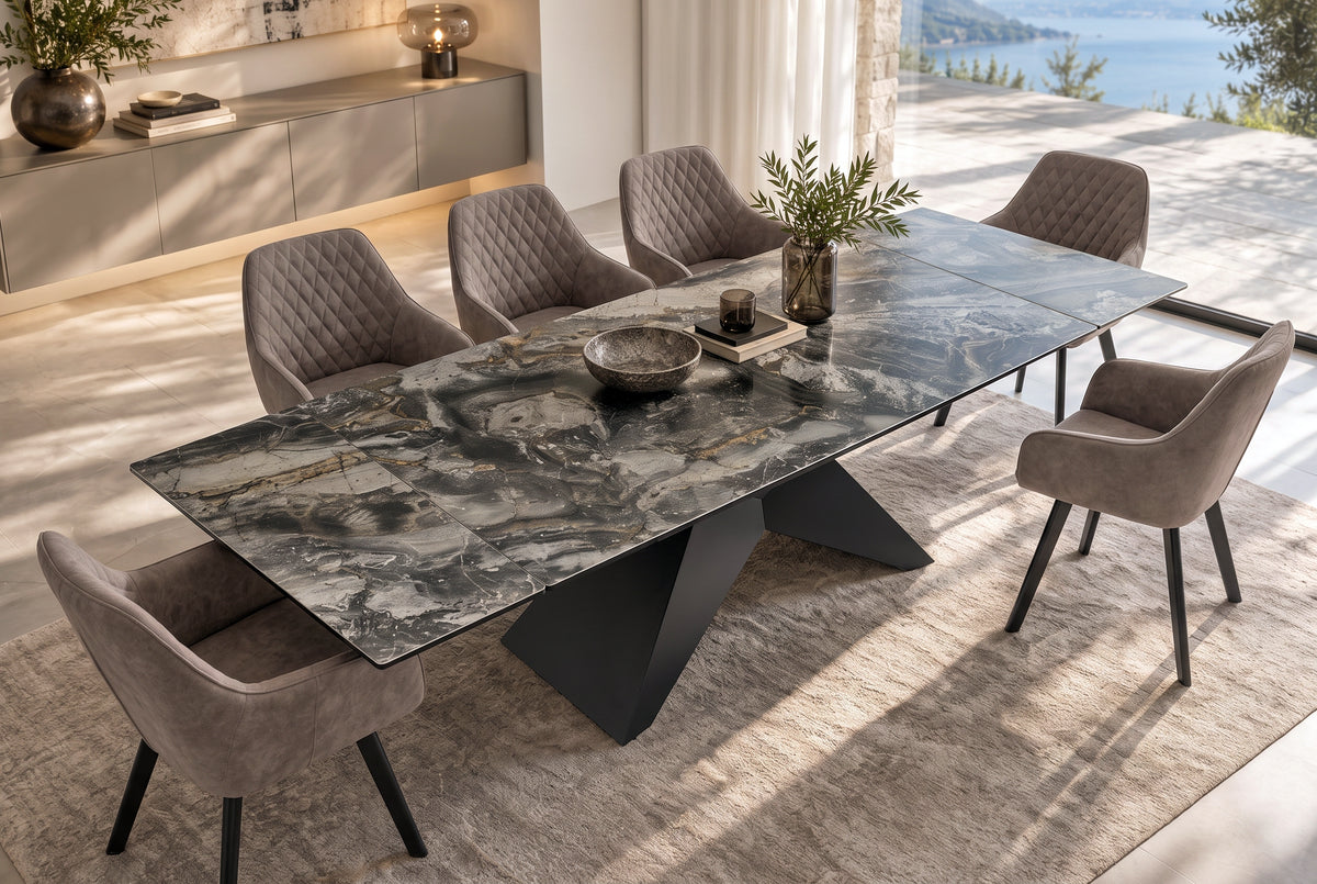 Dining table DIAMOND 180-260cm extendable ceramic taupe w/ geometric black iron base