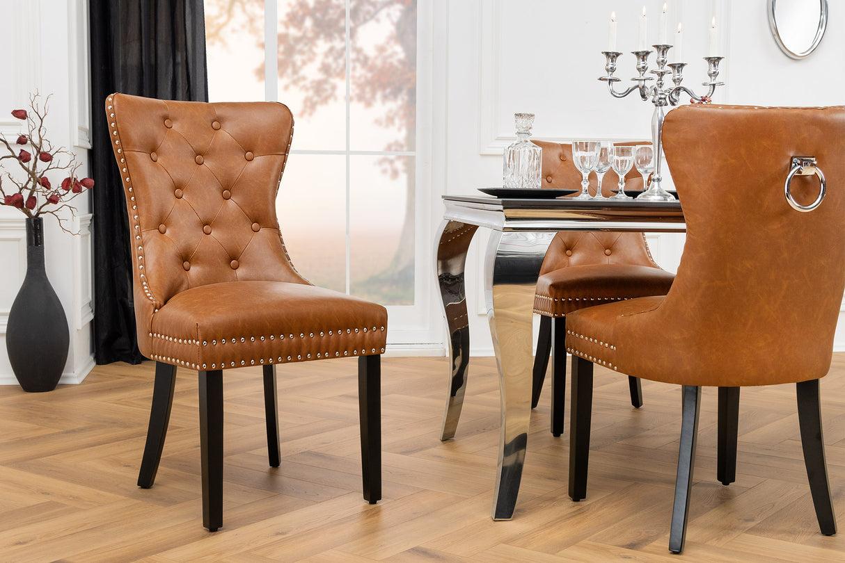 Chair CASTLE w/ comfort handle artificial leather cognac brown in chesterfield style