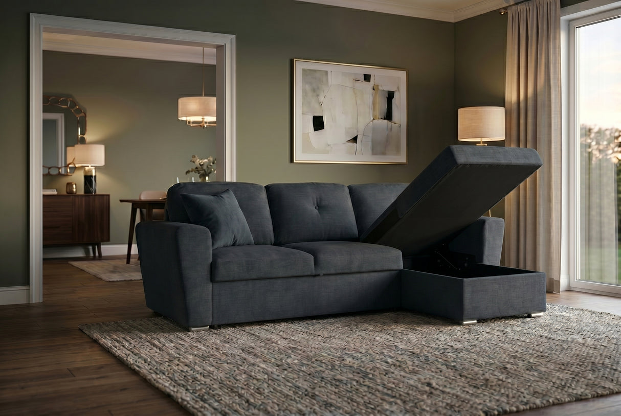 Schlafsofa APARTMENT 245cm 3-Sitzer mit Ottomane und Stauraum Strukturstoff grau
